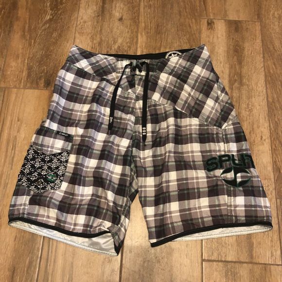 SPLIT Board Shorts Mens Size 33 White Gray Green Swim Trunk Logo Vintage EUC - Picture 1 of 6